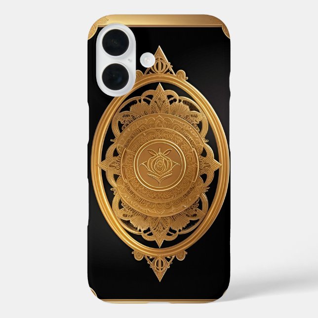 Funda iPhone 16 Patrón decorativo dorado con rosa intrincada (Reverso )