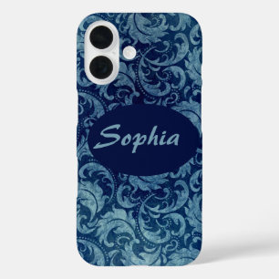 Funda iPhone 16 Patrón elegante de Damasco Vintage azul