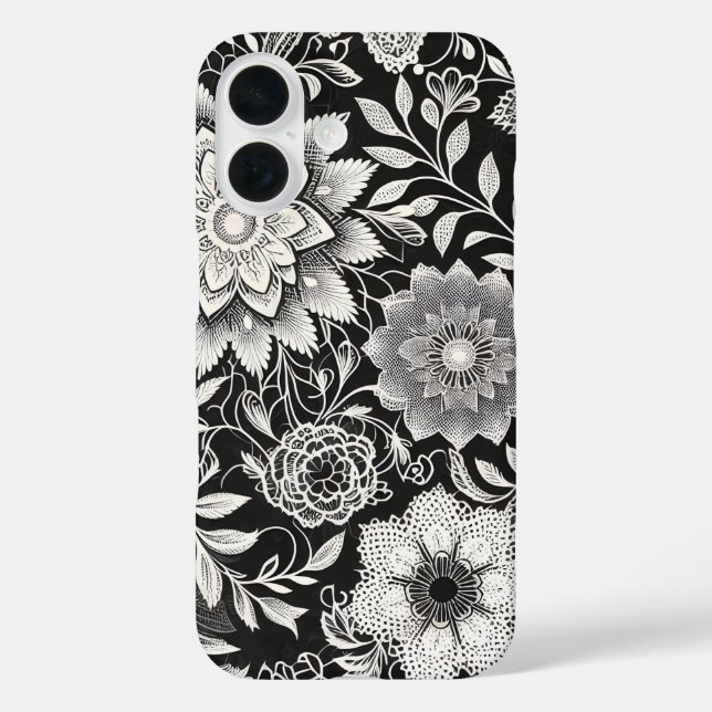 Funda iPhone 16 Patrón elegante de encaje floral blanco y negro (Reverso )