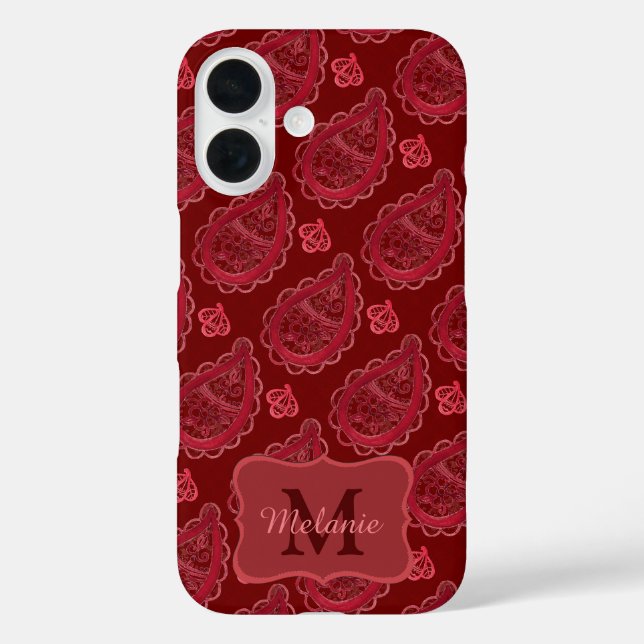 Funda iPhone 16 Patrón elegante de paisley borgoña personalizado (Reverso )