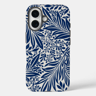 Funda iPhone 16 patrón floral azul con diversas hojas y flores