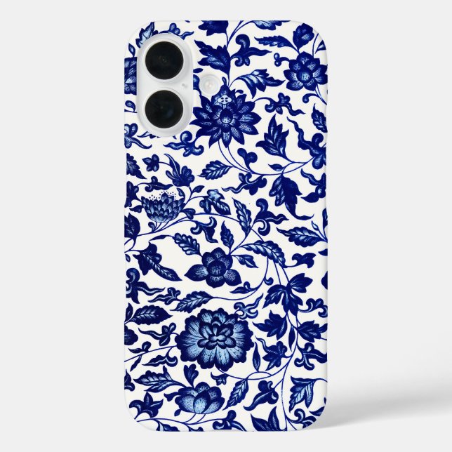Funda iPhone 16 Patrón floral azul marino oscuro chino sobre blanc (Reverso )