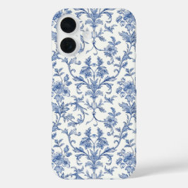Funda iPhone 16 Patrón floral azul Toile de Jouy estilo país franc