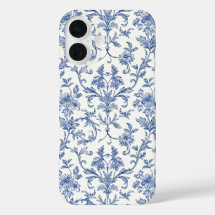 Funda iPhone 16 Patrón floral azul Toile de Jouy estilo país franc