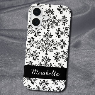 Funda iPhone 16 Patrón floral blanco y negro vintage personalizado