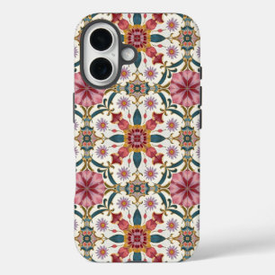 Funda iPhone 16 Patrón Floral Boho en Rojo, Rosa y Turquesa