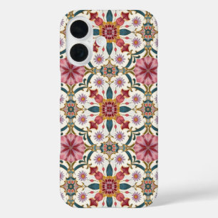 Funda iPhone 16 Patrón Floral Boho en Rojo, Rosa y Verde Azulado