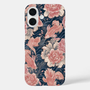 Funda iPhone 16 Patrón floral chinoiserie de koi rosa azul