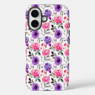 Funda iPhone 16 Patrón floral de acuarela vibrante en rosa y púrpu