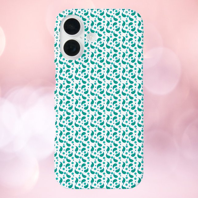 Funda iPhone 16 Patrón floral de cachemira azul verde turquesa sin (A phone case with a blue and green paisley flower pattern.)