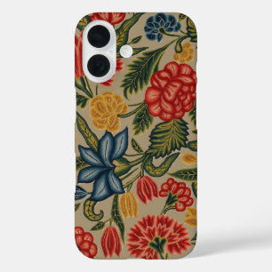 Funda iPhone 16 Patrón Floral de Crewel Rojo y Dorado Vintage