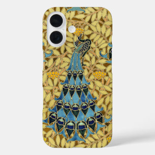 Funda iPhone 16 Patrón Floral de Pavo Real Azul Art Nouveau Antigu