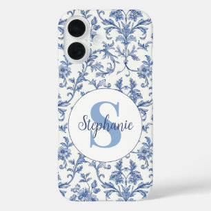 Funda iPhone 16 Patrón Floral de Toile Francés Azul con Monograma 