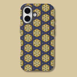 Funda iPhone 16 Patrón floral dorado y azul y lágrima