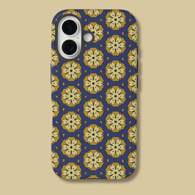 Funda iPhone 16 Patrón floral dorado y azul y lágrima (Subido por el creador)