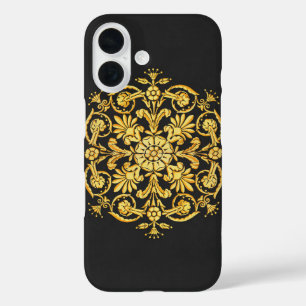 Funda iPhone 16 Patrón Floral Dorado y Negro