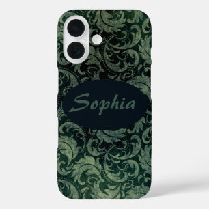 Funda iPhone 16 Patrón floral elegante adamascado verde