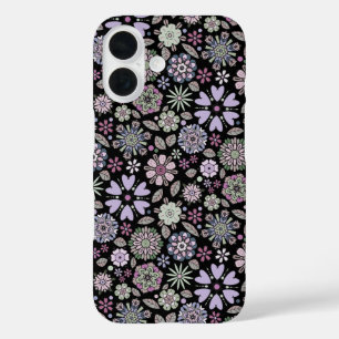 Funda iPhone 16 Patrón floral morado rosa pastel retro sin fisuras