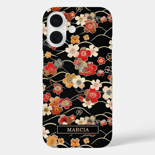 Funda iPhone 16 Patrón Floral Negro Japonés Monogramado (Reverso )