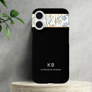 Funda iPhone 16 Patrón floral negro mono moderno lindo