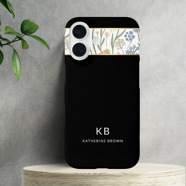 Funda iPhone 16 Patrón floral negro mono moderno lindo  (Subido por el creador)