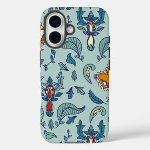 Funda iPhone 16 Patrón floral ornamentado sobre fondo azul pálido
