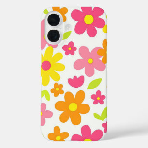 Funda iPhone 16 Patrón floral retro brillante de verano en rosa y