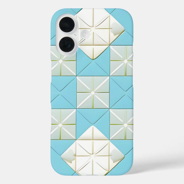 Funda iPhone 16 Patrón geométrico azul y blanco (Reverso )