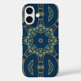 Funda iPhone 16 Patrón geométrico de octágono azul marino y dorado