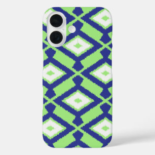 Funda iPhone 16 Patrón Ikat - Verde, Azul índigo y Blanco