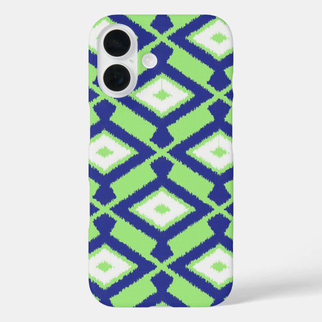 Funda iPhone 16 Patrón Ikat - Verde, Azul índigo y Blanco (Reverso )