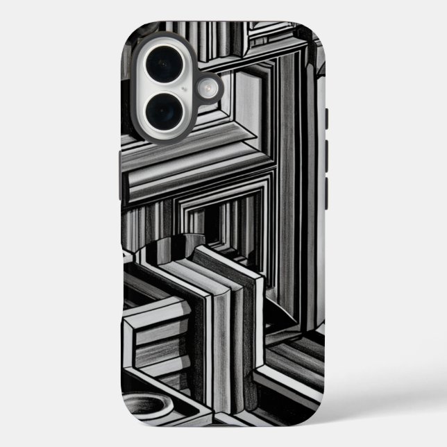 Funda iPhone 16 Patrón industrial resumen blanco y negro (Reverso )