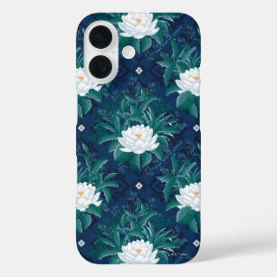 Funda iPhone 16 Patrón Lotus de la medianoche blanca