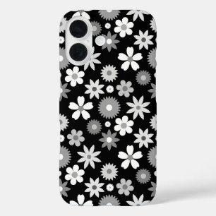 Funda iPhone 16 Patrón monocromo de flor estilo retro 70