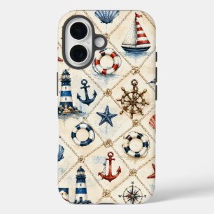 Funda iPhone 16 Patrón náutico costero sin costuras