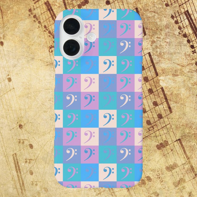 Funda iPhone 16 Patrón Pastel de Música de Clave de Fa (A phone case with a pattern of bass clef symbols in a variety of colors.)