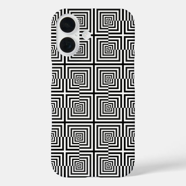 Funda iPhone 16 Patrón psicodélico de cuadrados blancos negros ret (Reverso )