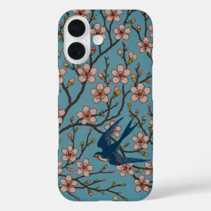 Funda iPhone 16 Patrón Retro de Golondrina Floral Azul de Walter C