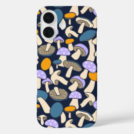 Funda iPhone 16 Patrón Retro de Hongos del Bosque Nocturno