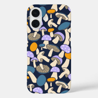 Funda iPhone 16 Patrón Retro de Hongos del Bosque Nocturno