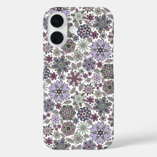 Funda iPhone 16 Patrón retro pastel rosa morado floral sin soldadu