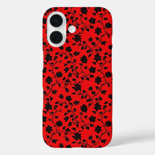Funda iPhone 16 Patrón rojo de flores negras