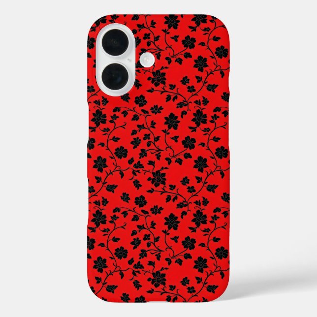 Funda iPhone 16 Patrón rojo de flores negras (Reverso )