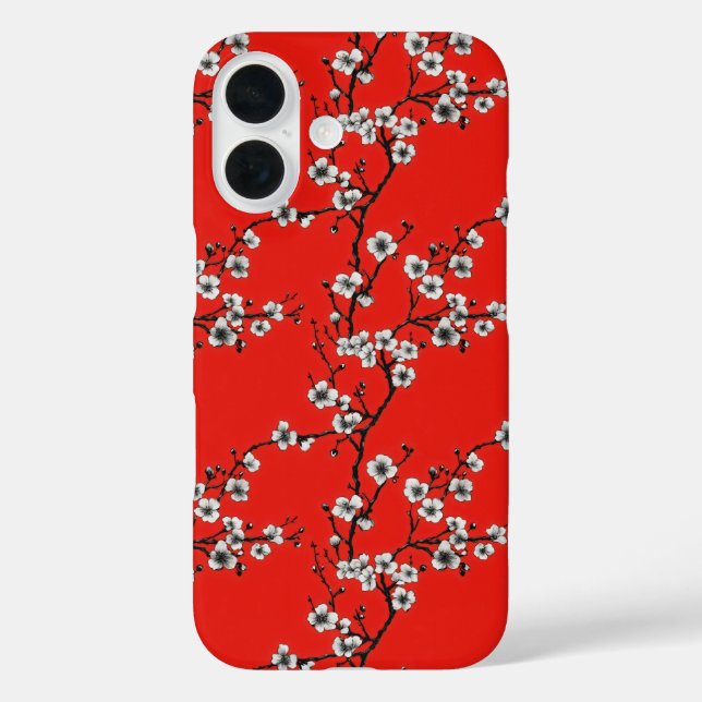 Funda iPhone 16 Patrón rojo Sakura blanco (Reverso )