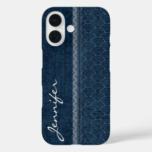 Funda iPhone 16 Patrón Sashiko Índigo Nombre de Bordado Japonés
