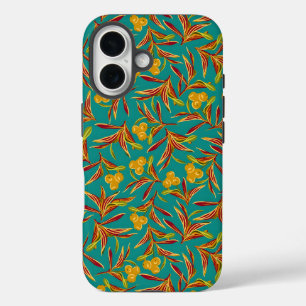 Funda iPhone 16 Patrón tropical con hojas rojas y amarillas