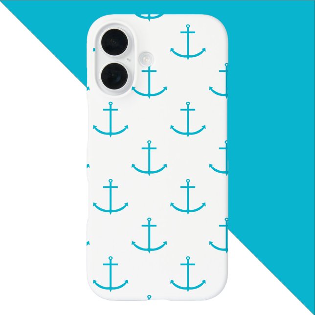Funda iPhone 16 Patrón Turquesa de anclaje (A phone case with a pattern of turquoise boat anchors)