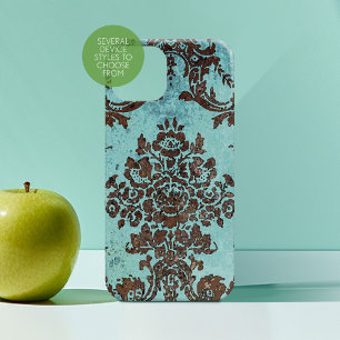 Funda iPhone 16 Patrón verde azulado de Damasco Vintage de color a
