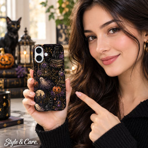Funda iPhone 16 Patrón Vintage Gótico de Halloween Noche Espeluzna