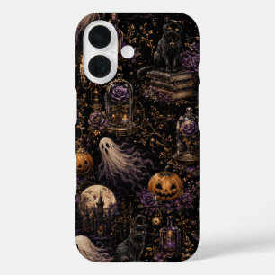 Funda iPhone 16 Patrón Vintage Gótico de Halloween Noche Espeluzna